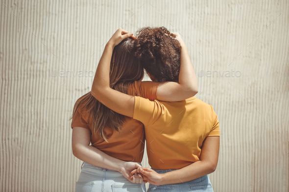 Strong Female Friendship Rear View Two Girls Best Friends Holding